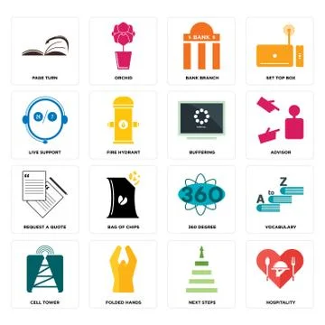 Set of hospitality, next steps, cell tower, 360 degree, request a quote, buff Free Stock Illustration
