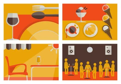 Set of hostelry flat colored backgrounds Stock Illustration