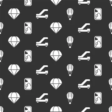 Set Hot air balloon, Airplane window, Parachute and Passenger ladder for plane Stock Illustration