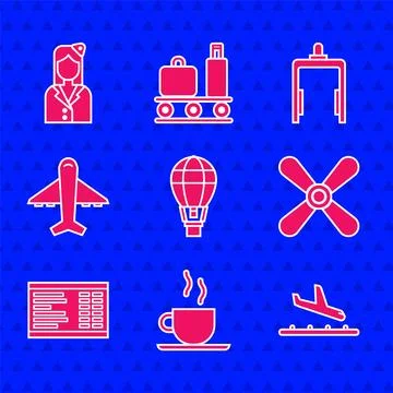Set Hot air balloon, Coffee cup, Plane landing, propeller, Airport board, M.. Stock Illustration