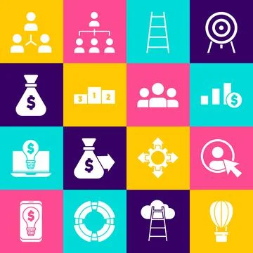 Set Hot air balloon, Create account screen, Pie chart and dollar, Stair with Illustrazione stock