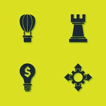 Set Hot air balloon, Project team base, Light bulb with dollar and Chess icon Stock Illustration
