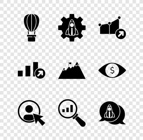 Set Hot air balloon, Startup project concept, Financial growth, Create account Illustrazione stock