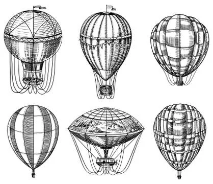Set of Hot Air Balloons. Vector retro flying airships with decorative elements イラスト素材
