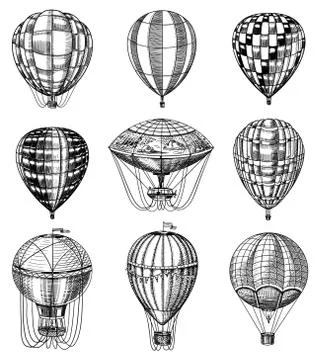 Set of Hot Air Balloons. Vector retro flying airships with decorative elements 스톡 일러스트