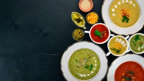 Set of hot, colored vegetable soups. Broccoli soup, corn, tomato soup. Health Stock Photos