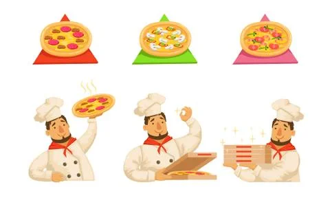 Set of hot pizza on a triangular color background. Vector illustration. イラスト素材