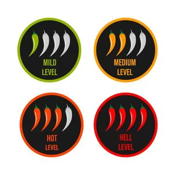 Set of hot red pepper strength scale. Indicator with mild, medium and hot icon 스톡 일러스트