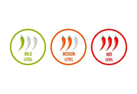 Set of hot red pepper strength scale. Indicator with mild, medium and hot icon Stock Illustration