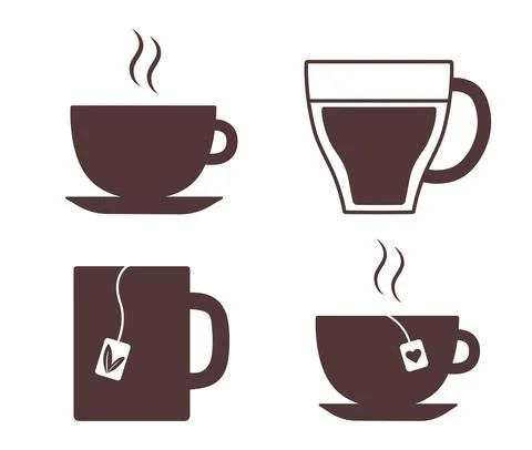 Set of Hot tea cups icon. Cup of steamed coffee with saucer Stock Illustration
