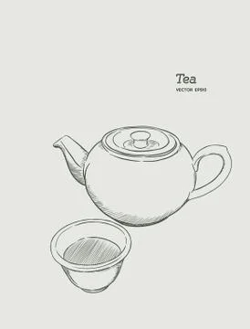 Set of hot tea, kettle and glass. hand draw sketch vector. Stock Illustration
