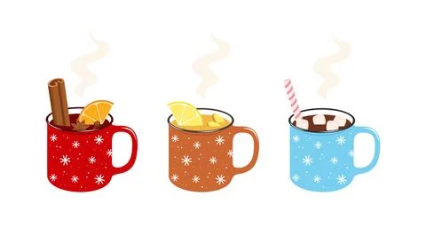 Set of hot winter drinks. Cup of mulled wine, lemon ginger tea and chocolate Illustrazione stock
