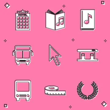 Set Hotel building, Audio book, Bus, Pixel arrow cursor, Gas filling station, Stock Illustration
