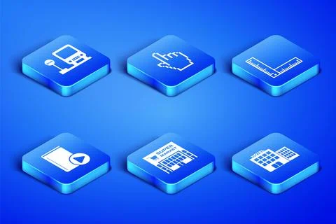 Set Hotel building, Bus stop, Supermarket, Audio book, Pixel hand cursor and Illustrazione stock