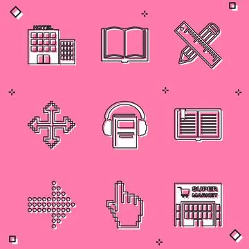 Set Hotel building, Open book, Crossed ruler and pencil, Pixel arrows four Ilustración de archivo