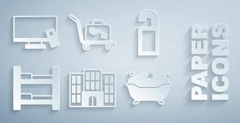 Set Hotel building, Please do not disturb, room bed, Bathtub, Trolley suitcase Ilustración de archivo