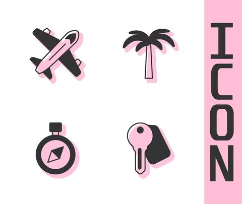Set Hotel door lock key, Plane, Compass and Tropical palm tree icon. Vector Stock Illustration