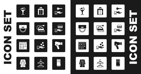 Set Hotel door lock key, Electric iron, Bellboy hat, Martini glass, Digital Ilustración de archivo