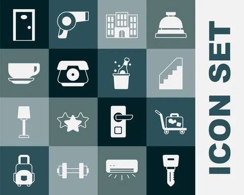 Set Hotel door lock key, Trolley suitcase, Stairs, building, Telephone handset Ilustración de archivo