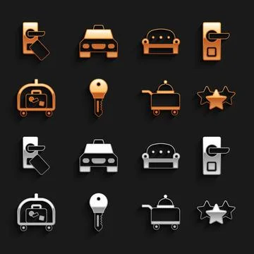Set Hotel door lock key, Digital, Stars rating, Covered with tray of food, lu Ilustração Stock