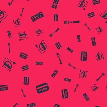 Set Hotel key card, Remote control, Electric iron and Fork on seamless pattern Illustrazione stock