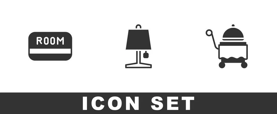 Set Hotel key card, Table lamp and Covered with tray icon. Vector Illustrazione stock