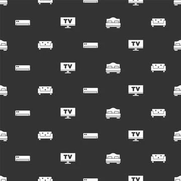 Set Hotel room bed, Sofa, Air conditioner and Smart Tv on seamless pattern Stock Illustration