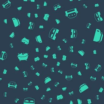 Set Hotel room bed, Sofa, Bathtub and Coffee cup on seamless pattern. Vector Stock Illustration