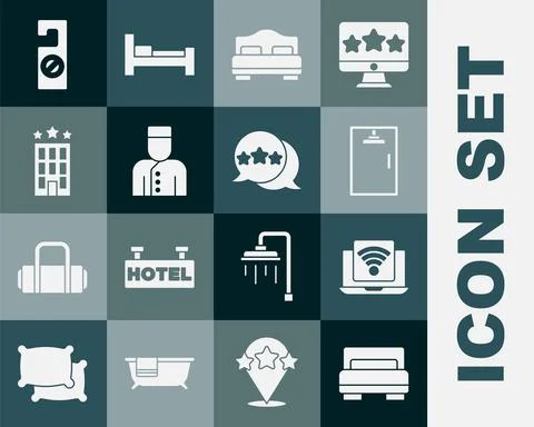 Set Hotel room bed, Wireless laptop, Shower cabin, Concierge, building, Please Stock Illustration