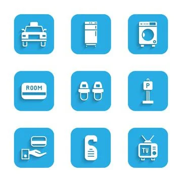 Set Hotel slippers, Please do not disturb, Retro tv, Parking, Digital door lock Illustration