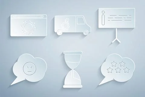 Set Hourglass, Information, Speech bubble with angry smile, Five stars rati.. Stock Illustration