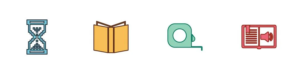 Set Hourglass pixel, Open book, Roulette construction and Audio icon. Vector Stock Illustration