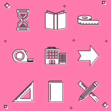 Set Hourglass pixel, Open book, Tape measure, Roulette construction, Hotel bu Stock Illustration