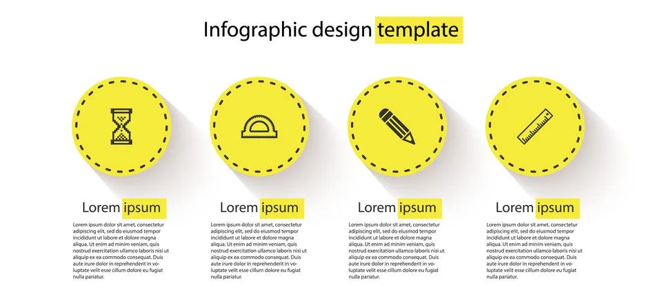 Set Hourglass pixel, Protractor grid, Pencil and Ruler. Business infographic Stock-Illustration