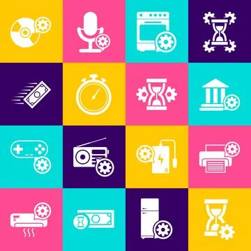 Set Hourglass setting, Printer, Bank building, Oven, Stopwatch and Fast payments 스톡 일러스트