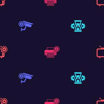 Set Hourglass setting, Security camera, Printer and Tv on seamless pattern Stock Illustration