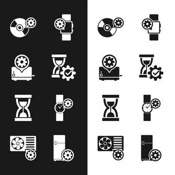 Set Hourglass setting, Toaster, CD or DVD disk, Smartwatch, Old hourglass with Stock Illustration