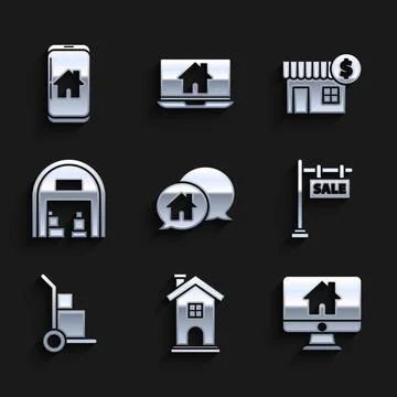 Set House building in speech bubble, Home symbol, Computer monitor with smart Ilustración de archivo