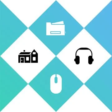 Set House, Computer mouse, Printer and Headphones icon. Vector Stock Illustration