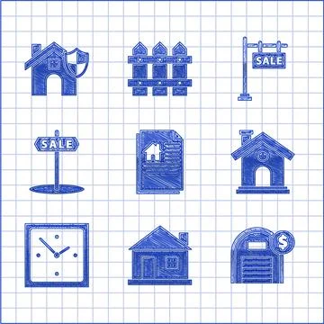Set House contract, Warehouse with dollar symbol, Clock, Hanging sign text .. Ilustración de archivo