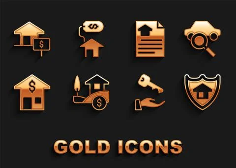 Set House with dollar, Car sharing, shield, key, contract,  and  icon. Vector Illustrazione stock