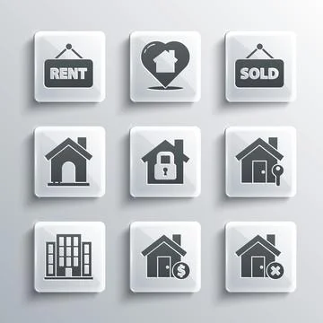 Set House with dollar symbol, wrong mark, key, under protection, Hanging si.. Stock Illustration