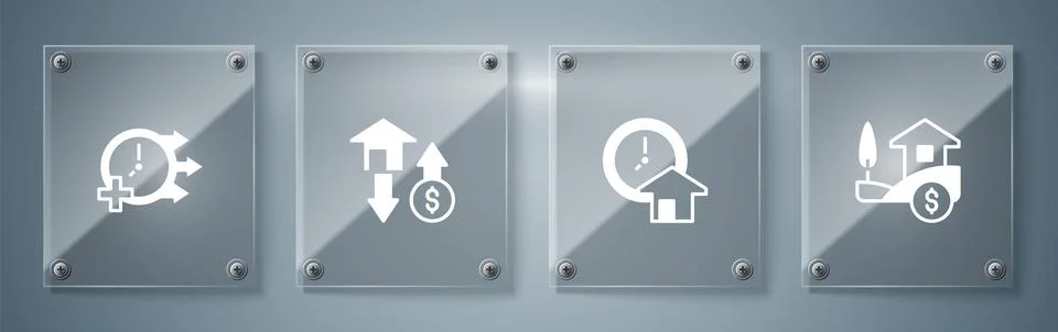 Set House with dollar, Time is money,  and Clock. Square glass panels. Vector Stock Illustration