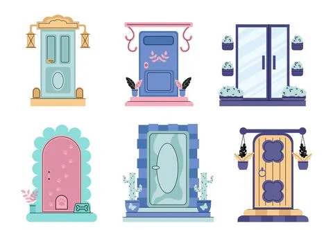 Set of house doors. Facade and exterior for cottage or townhouse. Beautiful Ilustración de archivo