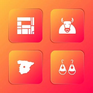 Set House Edificio Mirador, Bull, Map of Spain and Earrings icon. Vector 스톡 일러스트