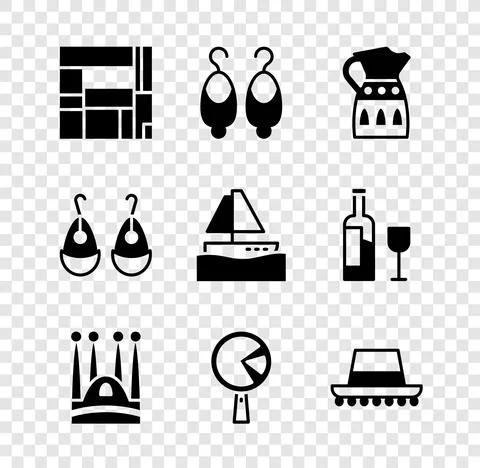 Set House Edificio Mirador, Earrings, Sangria pitcher, Sagrada Familia, Omelette Illustration