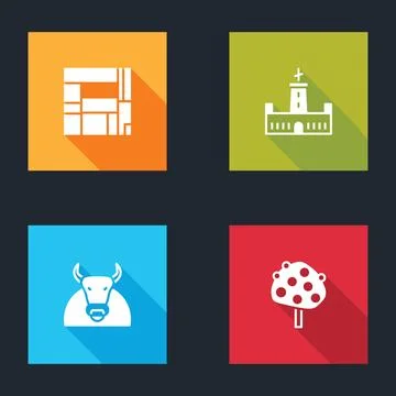 Set House Edificio Mirador, Montjuic castle, Bull and Orange tree icon. Vecto Illustration