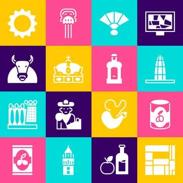 Set House Edificio Mirador, Olives in can, Agbar tower, Fan flamenco, Crown of 스톡 일러스트