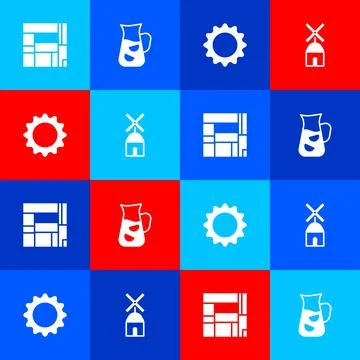 Set House Edificio Mirador, Sangria, Sun and Windmill icon. Vector Illustration