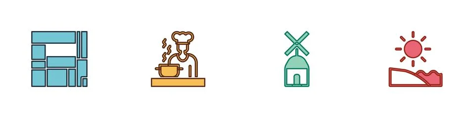 Set House Edificio Mirador, Spanish cook, Windmill and Beach icon. Vector 스톡 일러스트